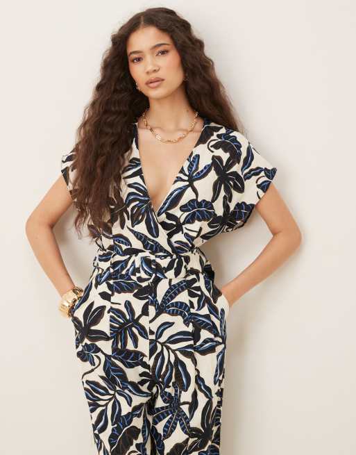 Mango v neck belted jumpsuit in blue floral print, 4 of 4
