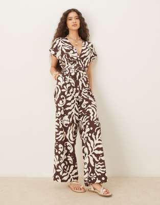 Mango v neck belted jumpsuit in brown floral print - view 1