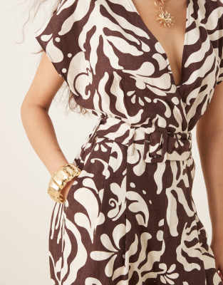 Mango Print Wide Leg Linen Blend Jumpsuit In Brown