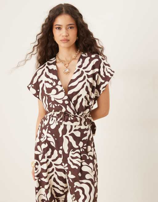 Mango v neck belted jumpsuit in brown floral print ASOS