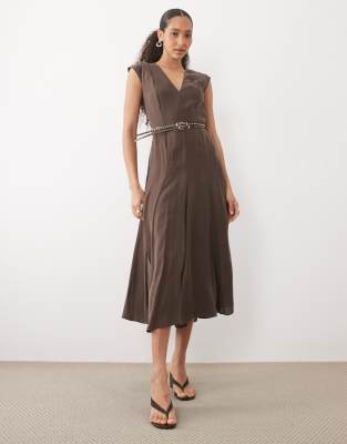 Mango V Neck Belted Midi Dress In Brown