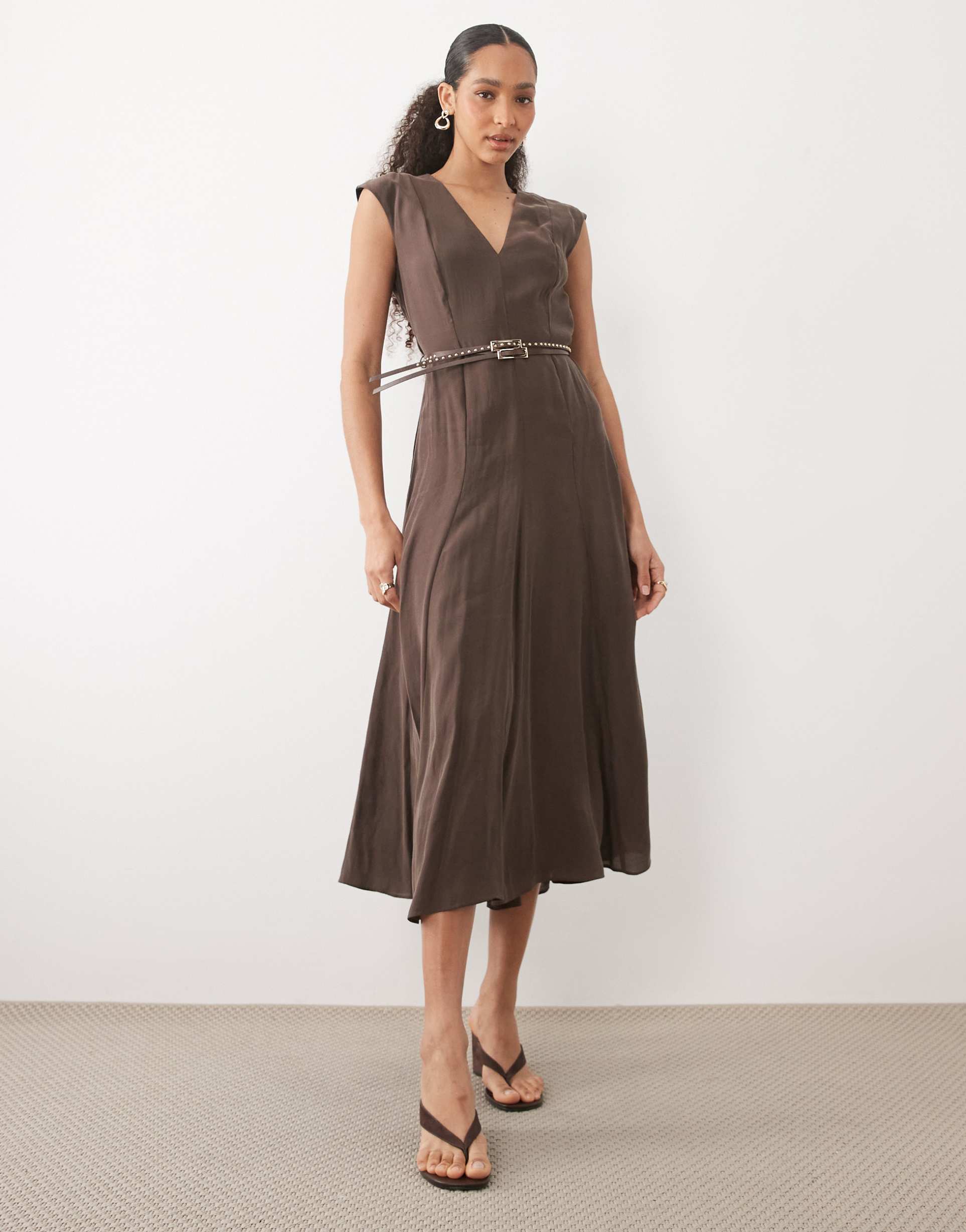 mango v neck belted midi dress in brown