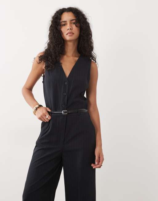 Mango v neck belted tailored jumpsuit in navy pinstripe, 2 of 4