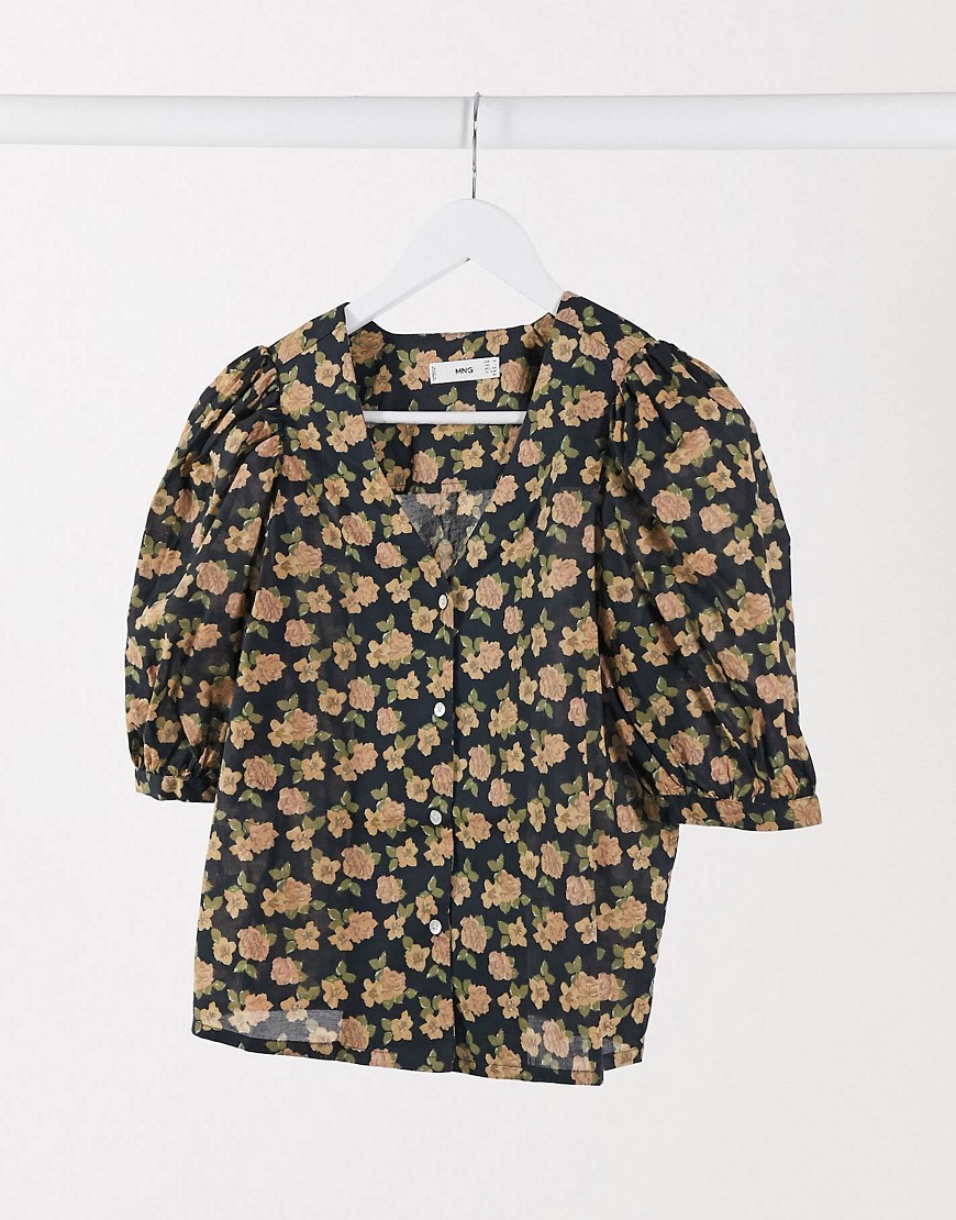Mango v neck blouse in floral print-Black