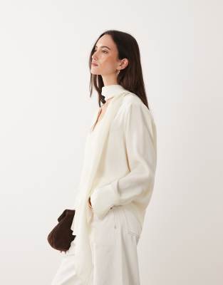 Mango v neck blouse with tie neck in cream