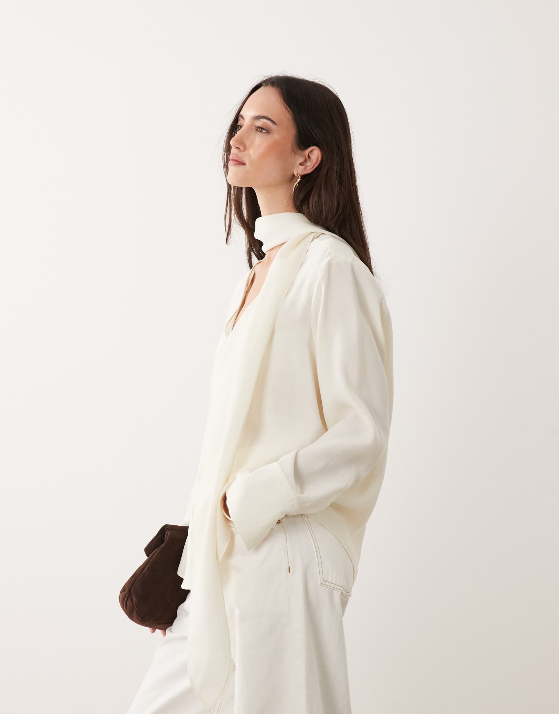 mango v neck blouse with tie neck in cream