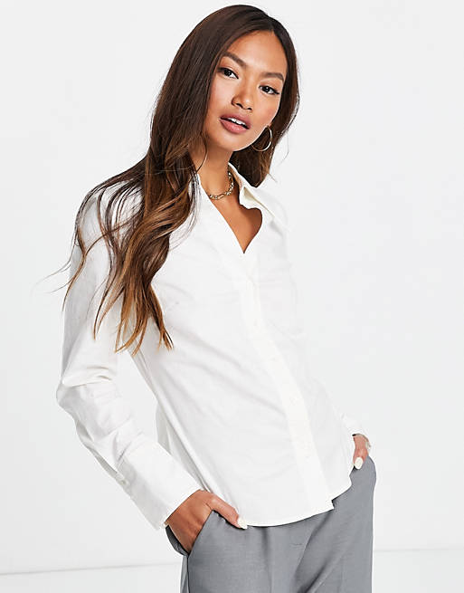 Women Shirts & Blouses/Mango v-neck button front shirt in white 