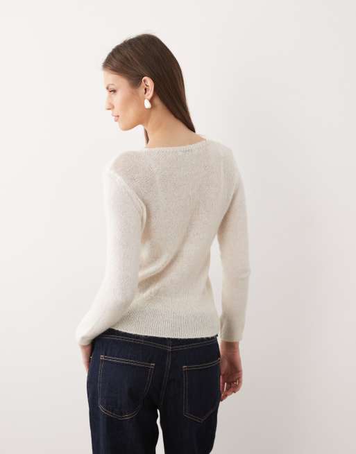 Mango V-neck cardigan with delicate lace in cream, 3 of 4