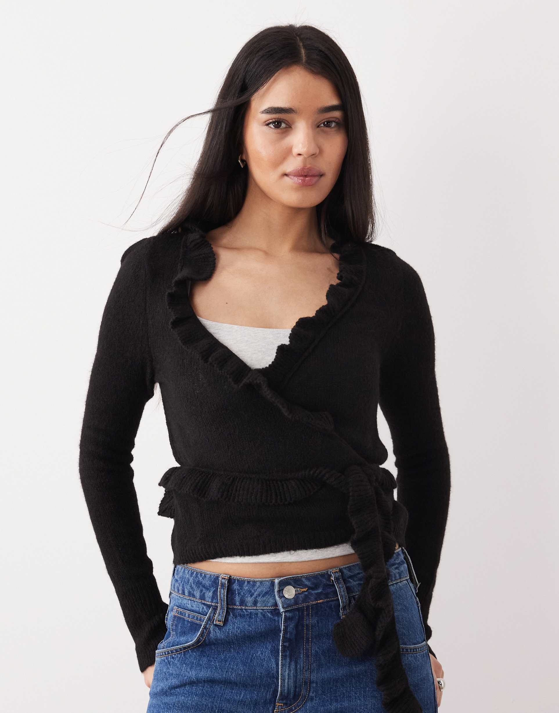 mango v-neck cardigan with frill detailing in charcoal