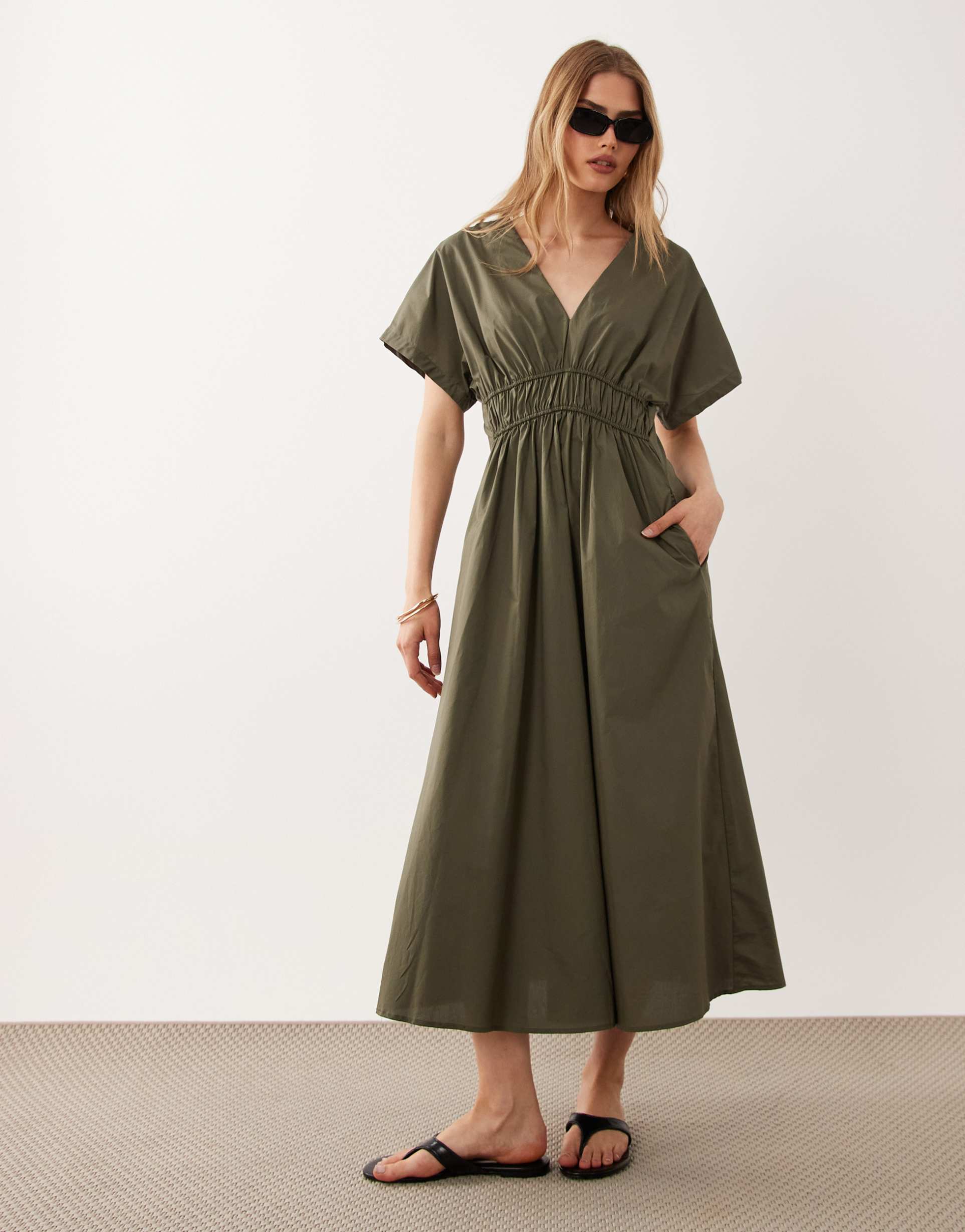 mango v neck cinched waist midi dress in khaki