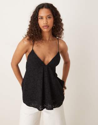 Mango v-neck cotton a-line top in black - view 1