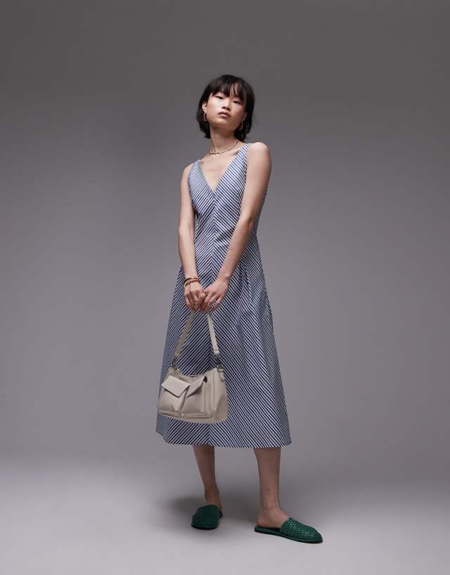 Mango v neck cotton midi dress in blue stripe