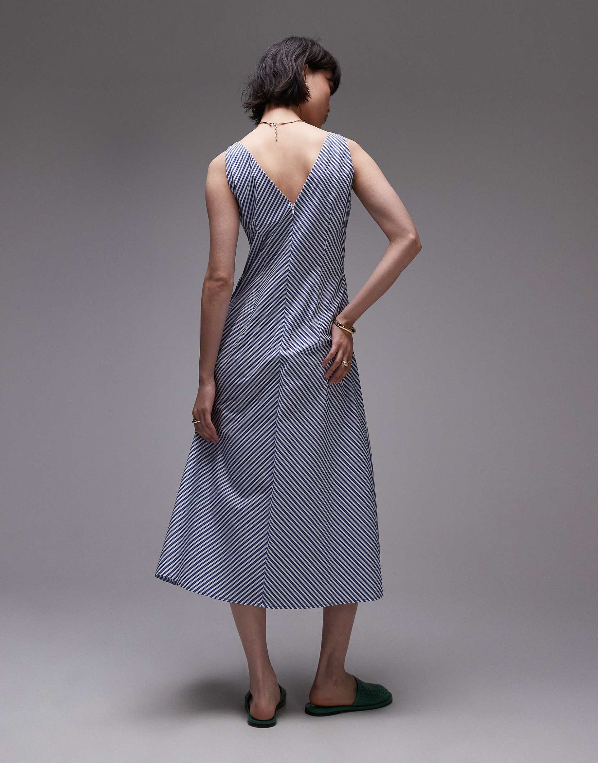 mango v neck cotton midi dress in blue stripe