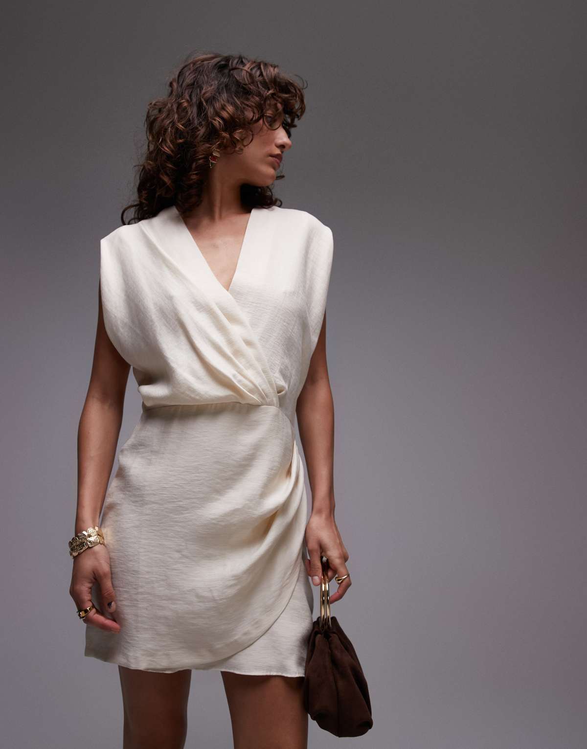 Mango v neck draped fabric cinched wait mini dress in light beige