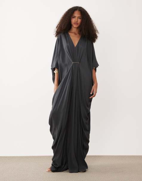 Mango v-neck draped oversized half sleeve maxi dress in charcoal - view 1