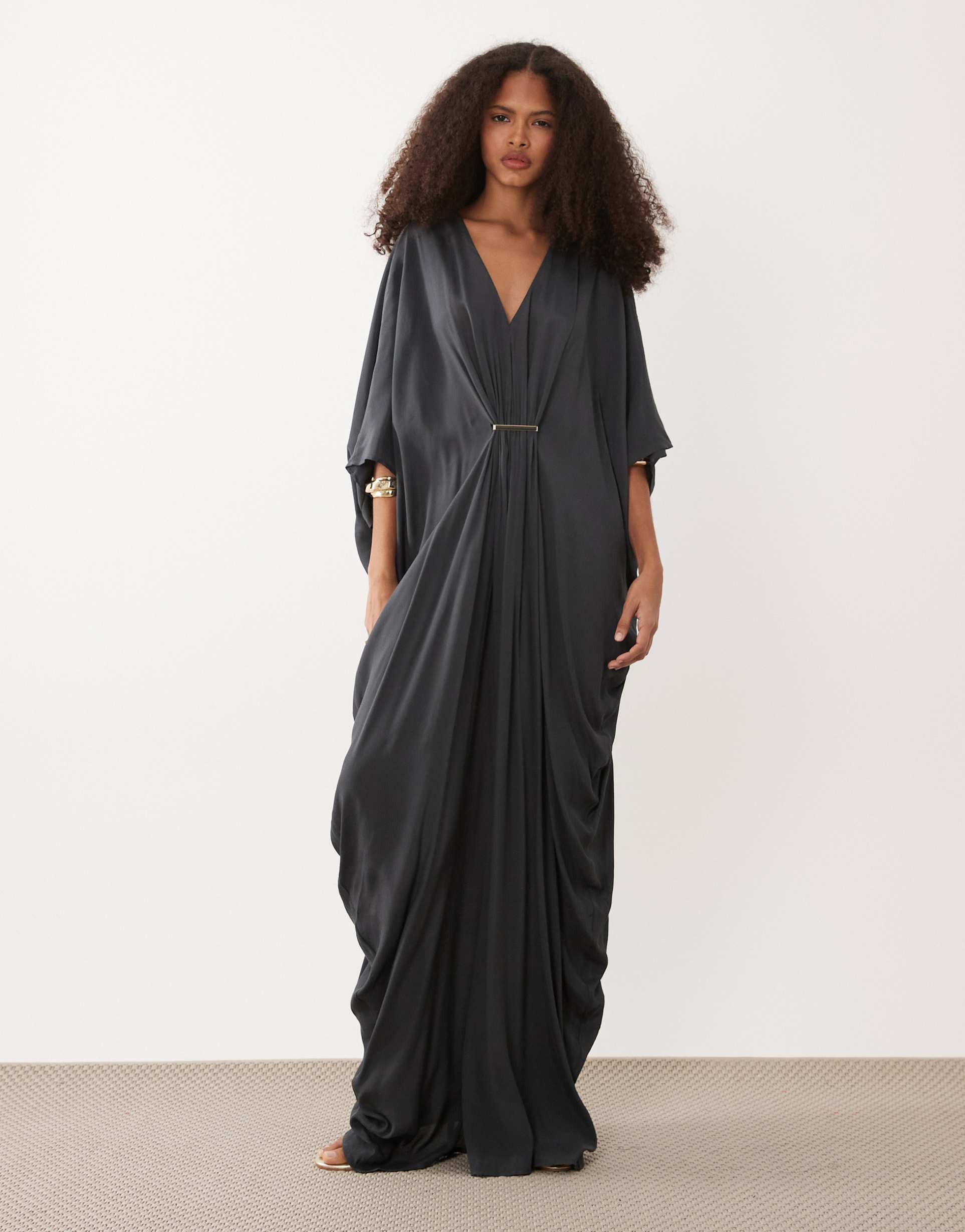 mango v-neck draped oversized half sleeve maxi dress in charcoal