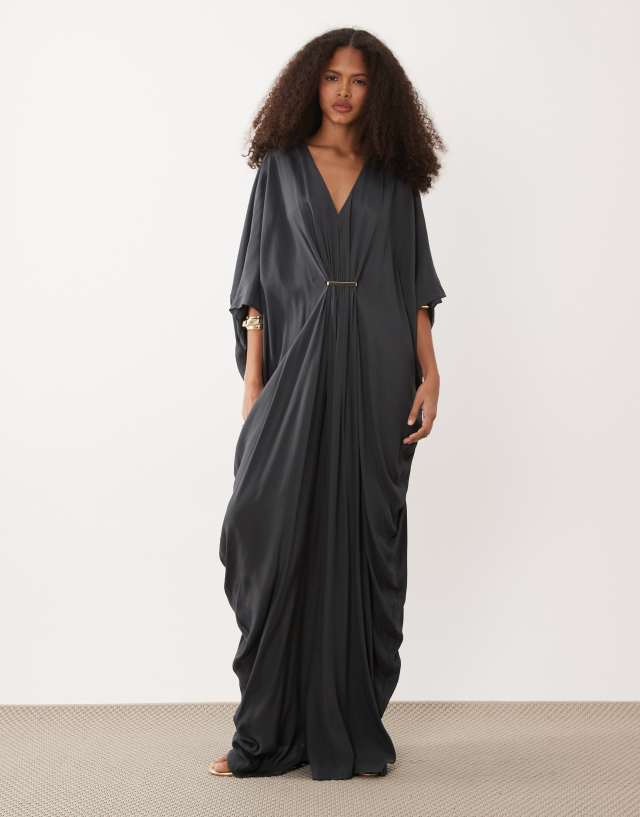 Mango v-neck draped oversized half sleeve maxi dress in charcoal