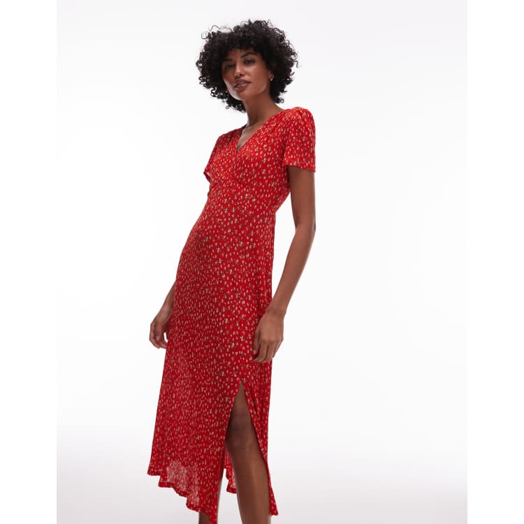 warehouse red floral midi tea dress Red Warehouse Tea Dress Warehouse Peach Floral Frill Tie Front Midi Tea  Dress PLT