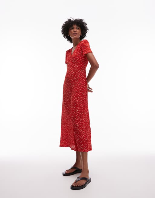 Mango v neck floral print midi tea dress in red