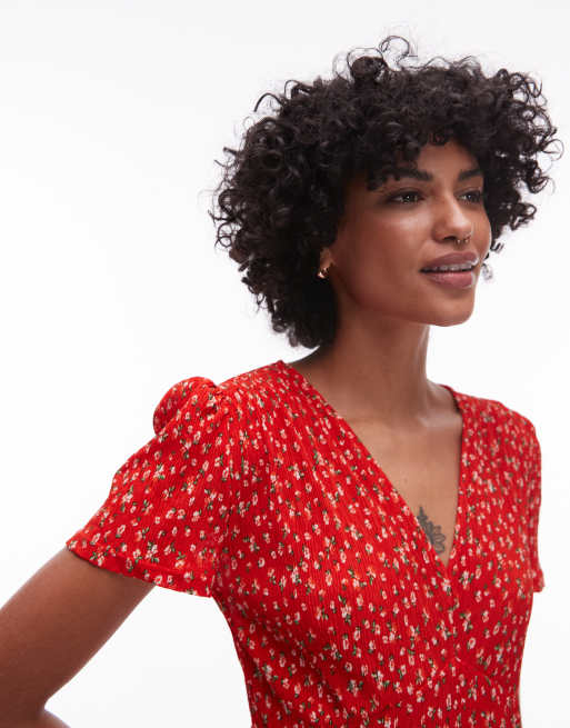 Mango v neck floral print midi tea dress in red