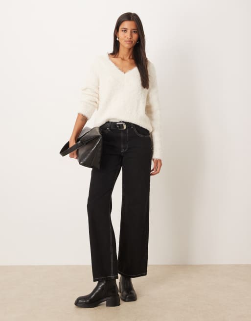 Mango v neck fluffy sweater in white, 3 of 4