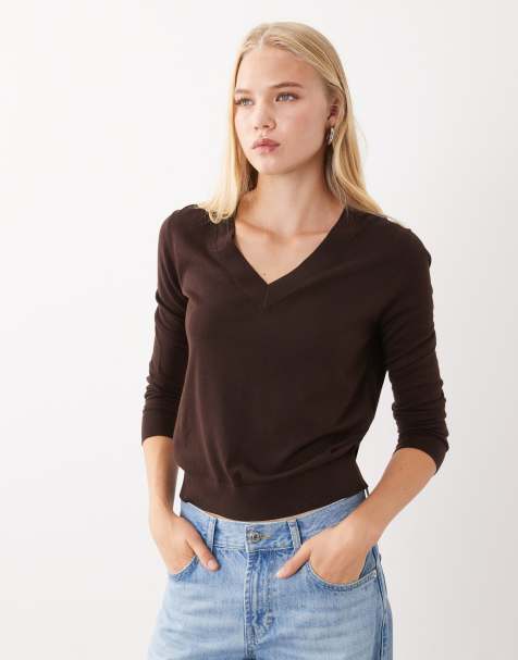 Mango v neck jumper in brown - view 1
