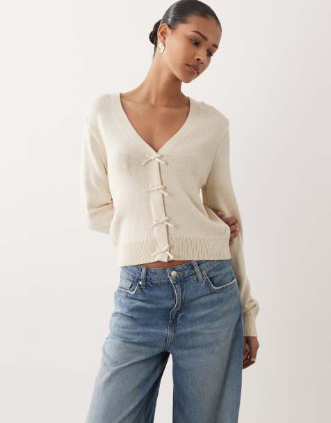 Mango v neck jumper with bow detail in cream - view 1