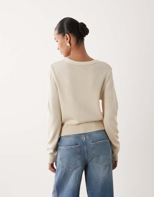 Mango v neck jumper with bow detail in cream, 3 of 4