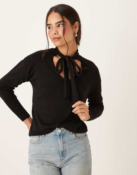 Mango v neck jumper with neck tie in black - view 1