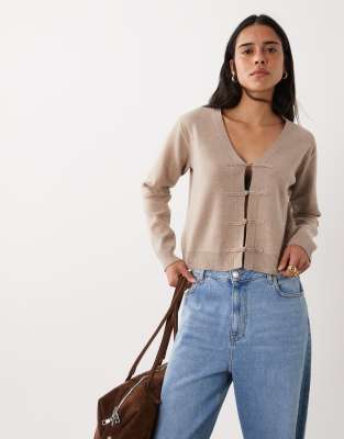 Mango V Neck Knit Cardigan With Mandarin Buttons In Brown