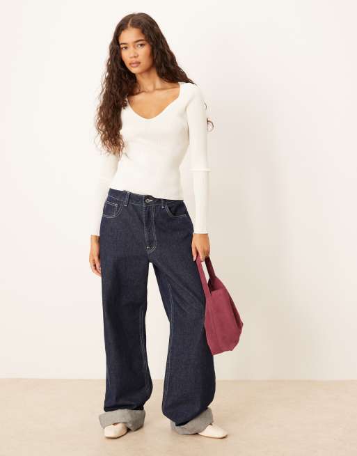 Mango v neck knit long sleeve top in white | ASOS