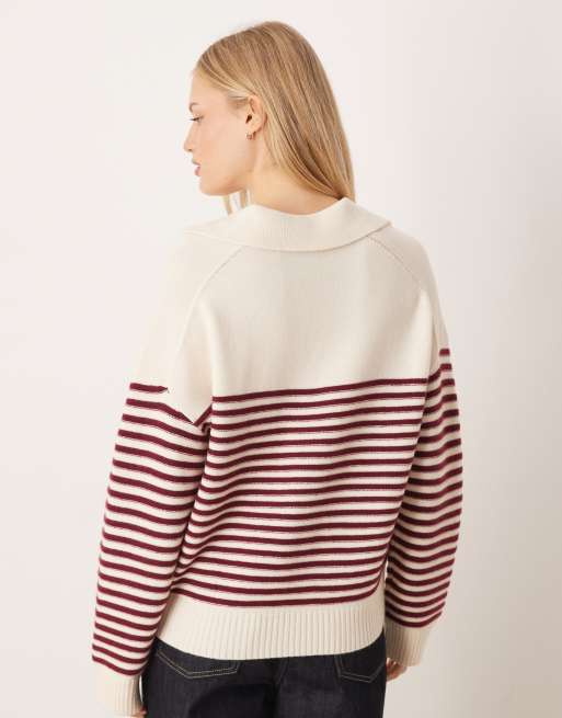 Mango v-neck knit polo top in burgundy stripes, 4 of 4