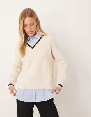 Mango Mixed Media Layered Look V-neck Sweater In Neutral
