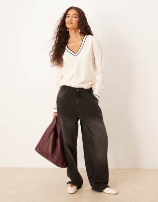Mango V Neck Knit Sweater With Contrast Trim In White