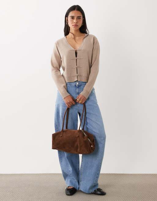 Mango v neck knitted cardigan with mandarin buttons in light brown, 2 of 4