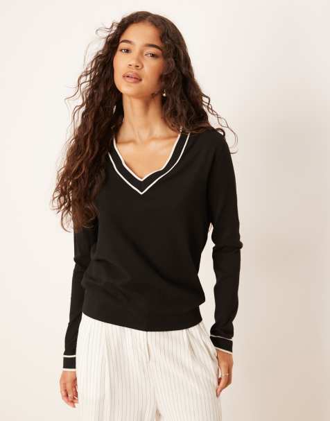 Mango v neck knitted jumper with contrast trim in black - view 1