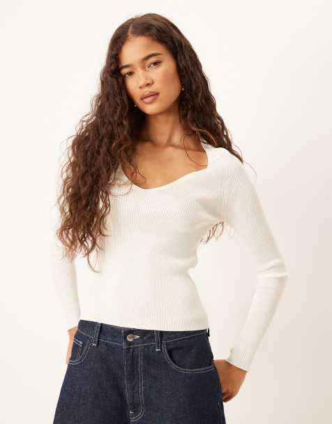 Mango v neck knitted long sleeve top in white - view 1