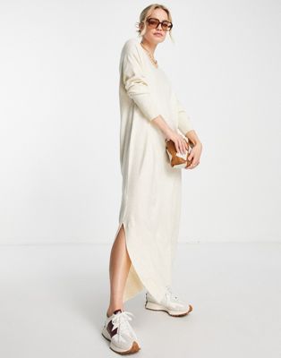 Mango v neck knitted midi dress in off white