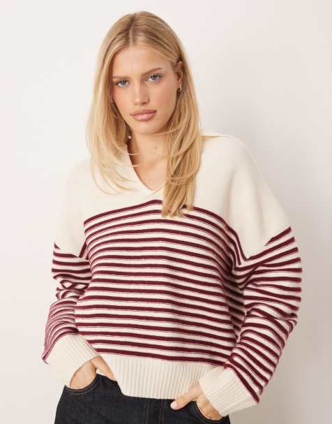 Mango v neck knitted polo top in burgundy stripe - view 1