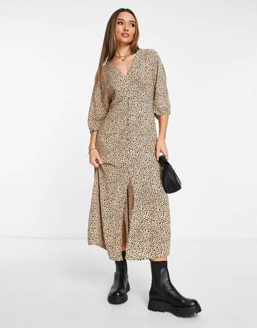 Mango v neck leopard print midi dress in brown