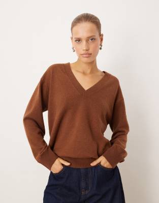 Mango v neck long sleeve knit top in brown