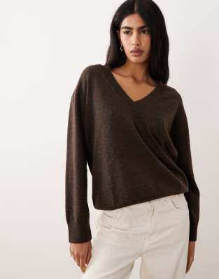 Mango V-neck Long Sleeve Knit Top In Brown