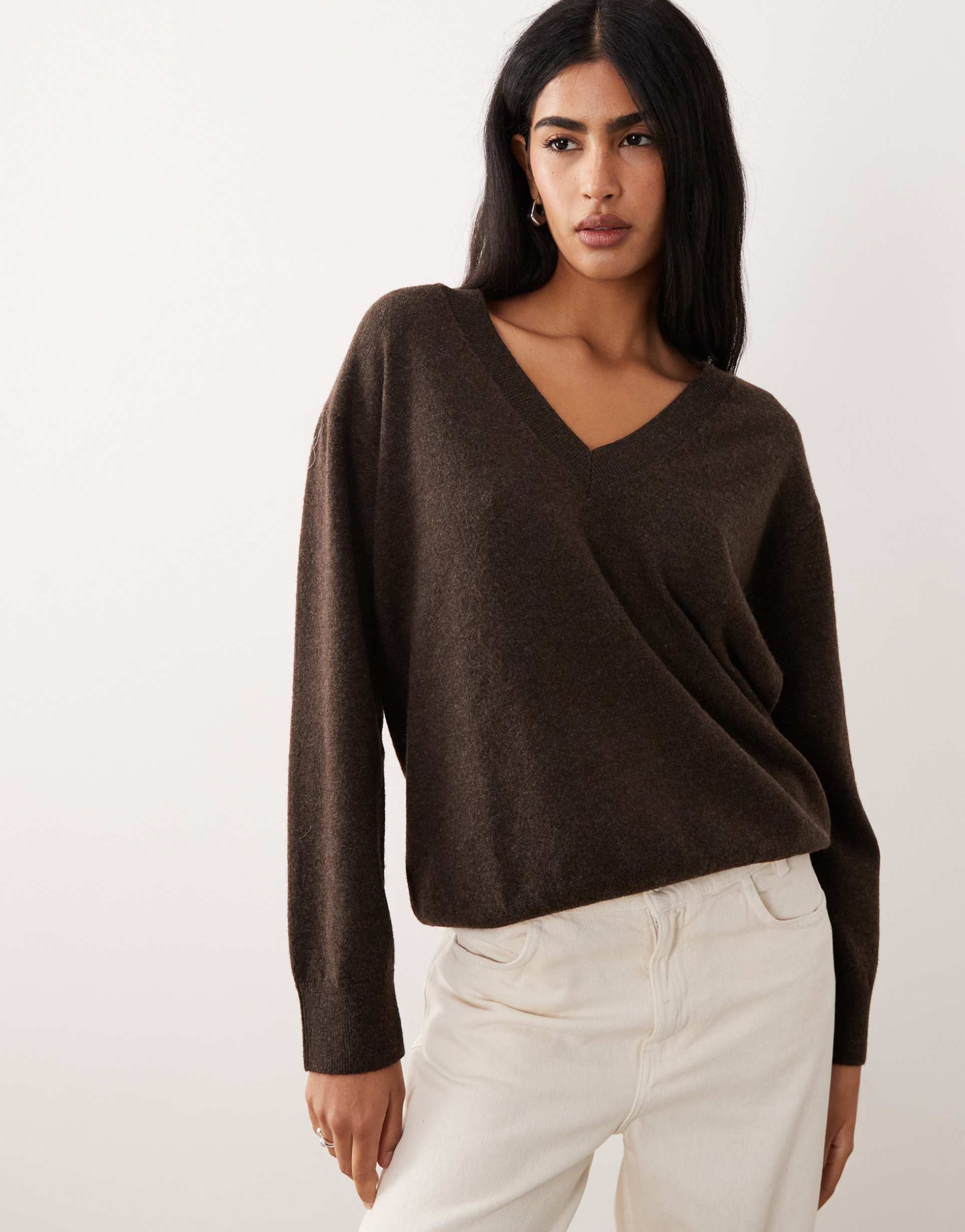 mango v-neck long sleeve knit top in khaki