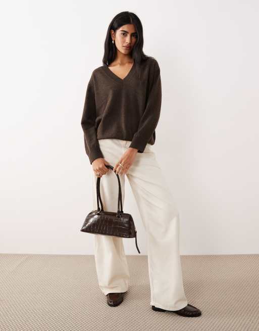 Mango v-neck long sleeve knit top in khaki, 2 of 4