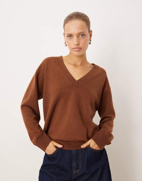 Mango v neck long sleeve knitted top in brown - view 1