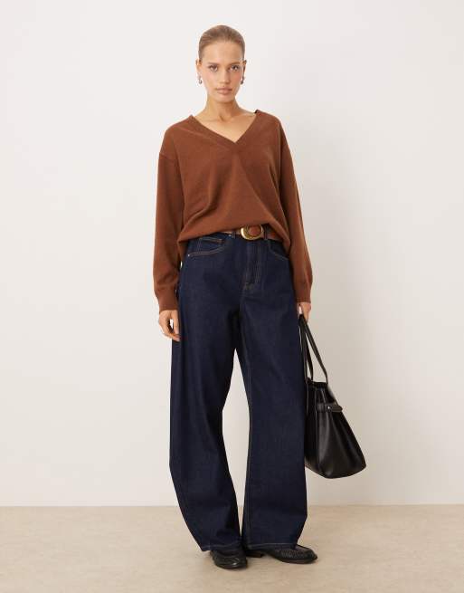 Mango v neck long sleeve knitted top in brown, 2 of 4