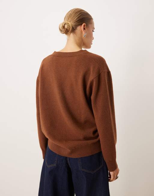 Mango v neck long sleeve knitted top in brown, 3 of 4