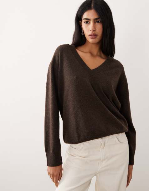 Mango v neck long sleeve knitted top in khaki - view 1