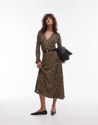 Mango Mango v-neck long sleeve leopard print midi dress in brown