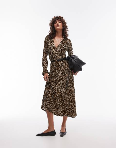 Mango v-neck long sleeve leopard print midi dress in brown - view 1